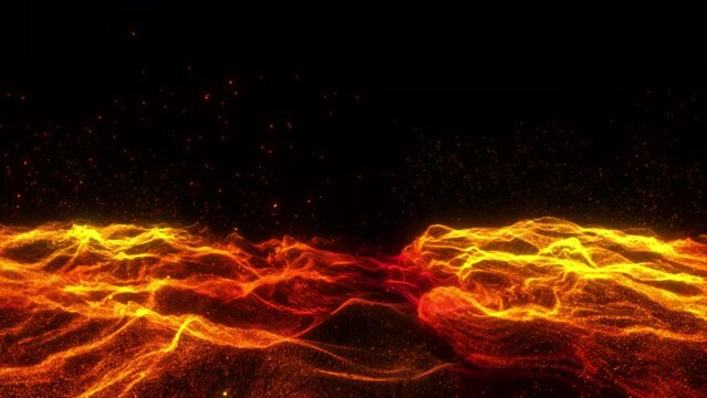 Flying over the waving surface of an abstract orange planet. Black space background. Abstract animation.