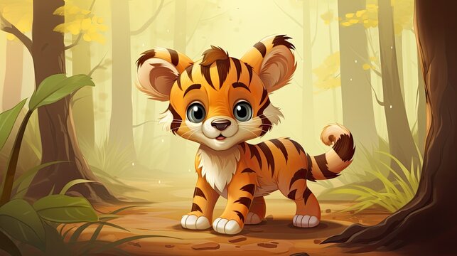 cartoon tiger cub in the forest. cute animal