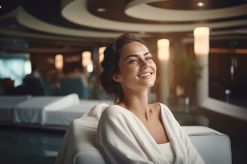 Smiling woman in wellness spa, luxurious ambiance, relaxed, comfortable, elegant leisure, pampering, serene, contentment - obrazy, fototapety, plakaty