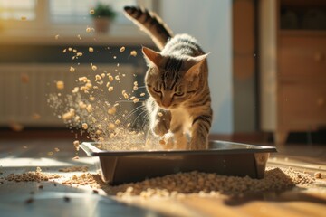 Energetic Cat Messily Digging in Litter Tray, Creating Chaos with Flying Litter, Natural Light Accentuating the Scene Concept - obrazy, fototapety, plakaty