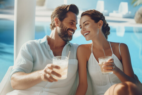 Relaxed couple enjoying poolside drinks, vacation vibes, resort leisure, sunny day, refreshing beverages, joyful interaction