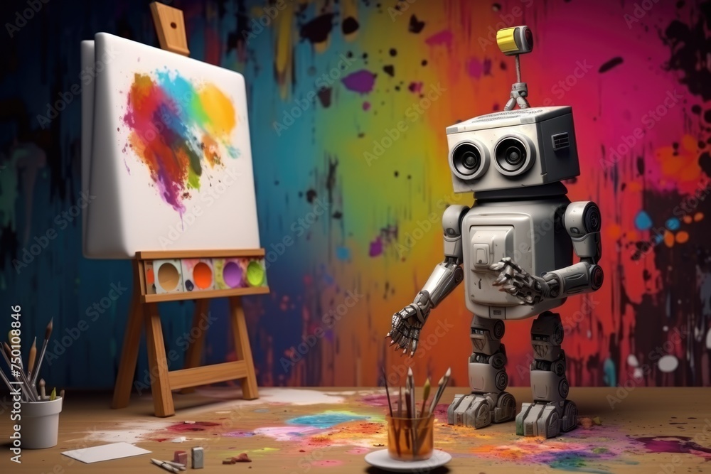 Poster concept of generative ai art technology, robot painting picture in studio. comeliness