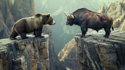Majestic Bear and Powerful Bull Standing on Towering Cliffs, Symbolizing the Fine Line Between Bear and Bull Markets Concept