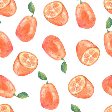 Watercolor kumquat seamless pattern on white background