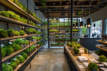 Minimalist Indoor Space with Kokedama Adorning Shelves and Desks, Blending Indoor Plants with Modern Decor for Green Vitality in Urban Setting Concept