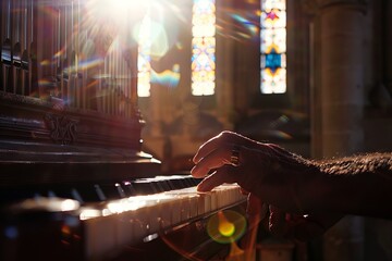 Hands of Musician Playing a Melodious Hymn on an Instrument in a Sunlit Chapel, Capturing Serenity and Devotion Concept - obrazy, fototapety, plakaty