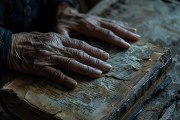 Hands of Devotion and Study on Weathered Bible, Reflecting Reverence and Contemplation Concept