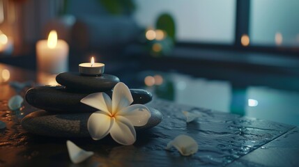 Tranquil Retreat: Spa Rocks, Delicate Flowers, and Warm Candlelight - obrazy, fototapety, plakaty