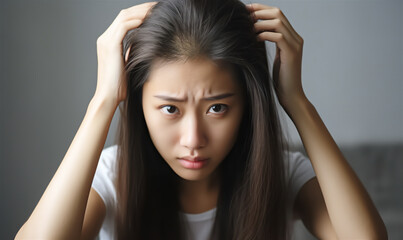 Fototapeta premium Upset asian young woman with long hair who has problems with hair loss. Trichology and treatment of baldness.Health care treatment for beauty concept.