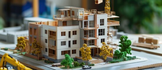 Miniature building house bricks and project on blur background. generative AI image - obrazy, fototapety, plakaty