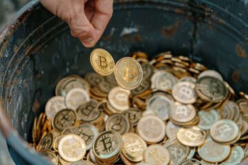 Fototapeta premium Hand Throwing Paper Bitcoins into Trash Bin, Symbolizing Despair and Loss after Investment, Chaotic Concept