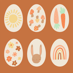 Easter holiday vector eggs set with bunny, flowers, rainbows, mushrooms, carrot