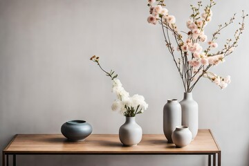 flowers in a vase,A sleek and minimalist vase, crafted in the style of modern Chinese design, sits...