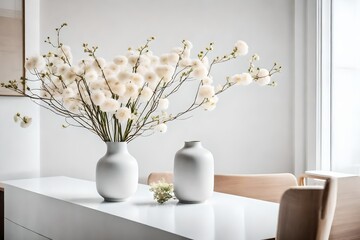 white vase with flowers, A sleek and minimalist vase, crafted in the style of modern Chinese design, sits atop a clean white surface