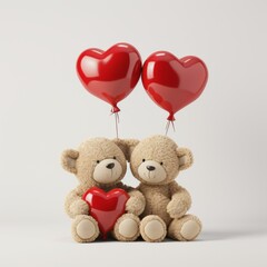 Teddy Bears with Heart-Shaped Balloons and Love Heart
