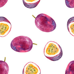 Watercolor passion fruit seamless pattern on white background