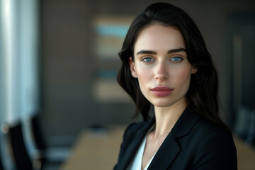 Naklejka premium Portrait of a young caucasian woman with black hair and blue eyes dressed in corporate business wear, a suit, standing confidently in the board meeting room. High quality photo