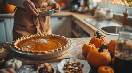 Preparing pumpkin pie in a kitchen, ingredients and pie crust on the counter, family cooking together for Thanksgiving Day, warm homey light