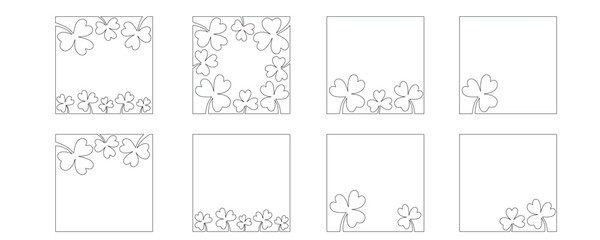Clover flower frame for Saint Patrick day - good lucky symbol, single line. Vector stock minimalism illustration isolated on white background for design template social media. Editable stroke.