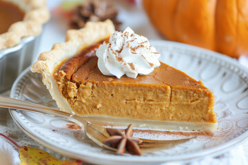 Slice of pumpkin pie on a plate with a fork, steaming hot, cinnamon and nutmeg topping, cozy Thanksgiving Day celebration 
