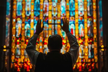 Priest's Hands Raised in Blessing Amidst a Vibrant Church Service, Reflecting Spiritual Guidance and Devotion Concept - obrazy, fototapety, plakaty