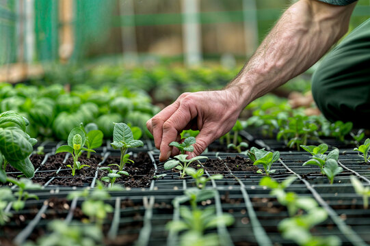 A person's hands tending to young plants. in a greenhouse.