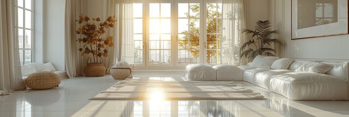 In a prestigious villa interior, a panoramic window frames a bright, elegant living room with...