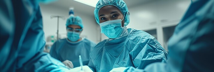 Black female surgeon and assistant in a hospital operating room, demonstrating skilled teamwork. - obrazy, fototapety, plakaty
