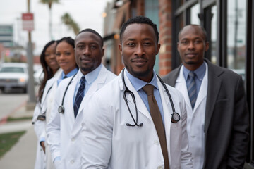 Cheerful outdoor portrait of a diverse healthcare team, emphasizing teamwork and professional camaraderie.