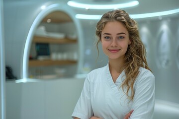 A portrait of an attractive young cosmetologist, a healthcare professional in a spa or beauty clinic.