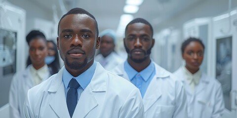 Fototapeta premium Confident and skilled healthcare professionals, a diverse team of physicians and nurses in a hospital setting.