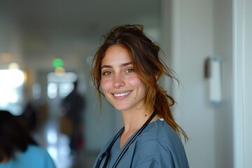 Portrait of a cheerful and kind general practitioner, a smiling professional in a healthcare clinic. - obrazy, fototapety, plakaty