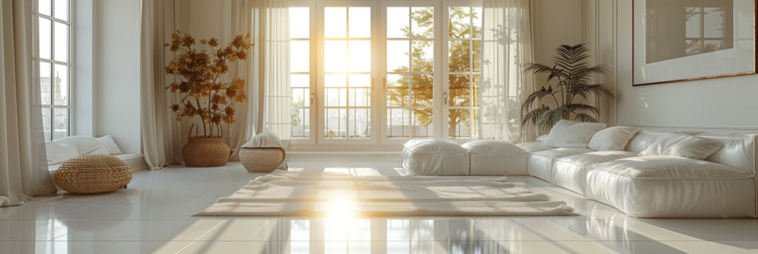 In a prestigious villa interior, a panoramic window frames a bright, elegant living room with modern design.