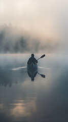 Solo canoeist in the middle of a misty lake at dawn, peaceful solitude, soft light enhancing the mystical ambiance
