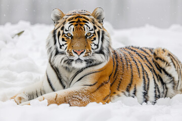 Naklejka premium Siberian Tiger Resting in Snow: Striking Contrast of Orange Fur Against White Snow, Crisp Detail Capturing Serenity of Winter Wilderness