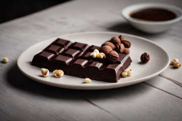 Dark chocolate with nuts on a white plate on a gray wooden table.