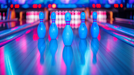 Pristine bowling pins lined up, ready for play, gleaming under the alley lights