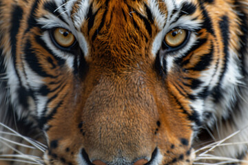 Intense Tiger Gaze: Close-Up of Majestic Tiger's Face, Piercing Eyes and Detailed Fur Texture Capturing the Essence of Wild Beauty