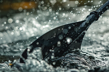 Dynamic Close-Up: Paddle Slicing Through Clear Water, Capturing Glistening Water Droplets in Motion