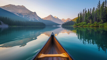 Tranquil Canoe Journey on Crystal-Clear Lake: Serene Scene of Canoe Gliding Amidst Majestic Mountains, Peaceful Nature Escape and Scenic Beauty - obrazy, fototapety, plakaty