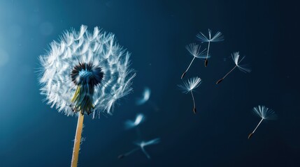 A delicate dandelion with seeds dispersing in the wind against a serene blue backdrop