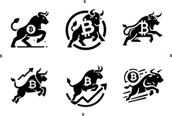 Bitcoin and Cryptocurrency Icon Set, Bull Run Growth Symbols