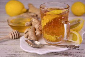 Ginger tea with lemon and honey. Healthy drinks concept.
