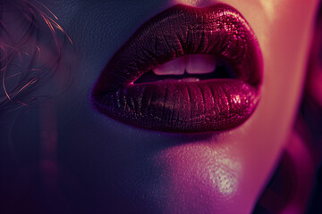 Full lips parted slightly, red matte lipstick, focused lighting highlighting texture and color, intimate atmosphere