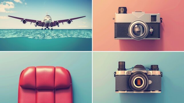 Here are four icons representing summer vacation activities, arranged from left to right, top to bottom: airplane seat, hotel building, binoculars, and a photo camera
