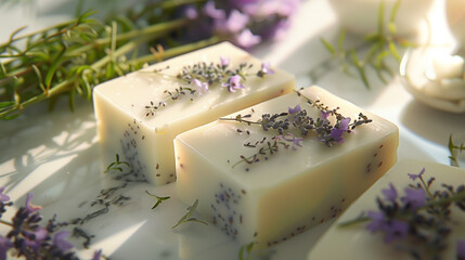 Close-up of handmade soap with lavender embeds, delicate foam, marble countertop, soft diffused...