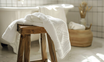 Fototapeta na wymiar White Towels Drapped on a Rustic Wooden Stool in a White Clean Bathroom.