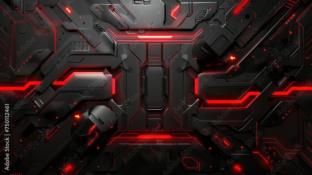 Poster an intricate and futuristic design featuring a red and black panel with illuminated lines and an ind