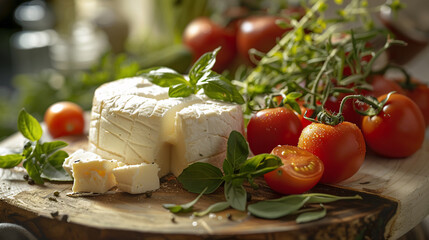Rural Morning Feast: Suluguni Cheese with Garden Tomatoes and Herbs