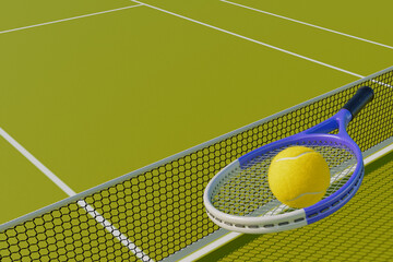 Tennis racket and ball on the background of the court. 3D rendering